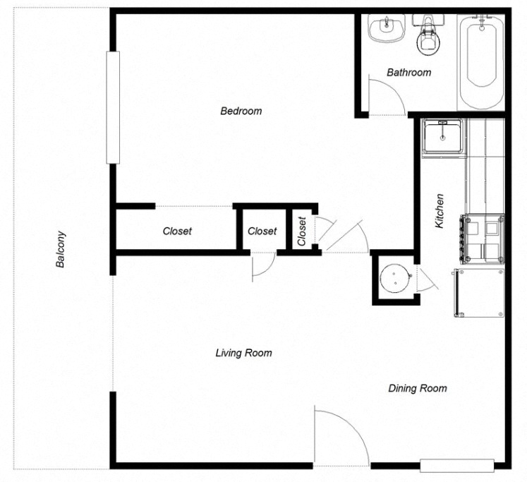 Floor plan for 1 bed, 1 bath, 543 sqft